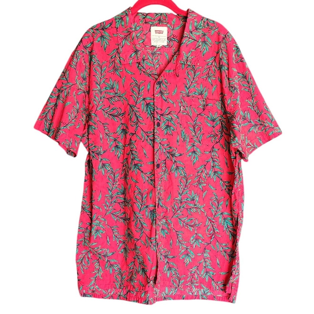Levi Mens‎ Tropical Red Botanical Leaf 100% Cotton Camp Collar Shirt XL